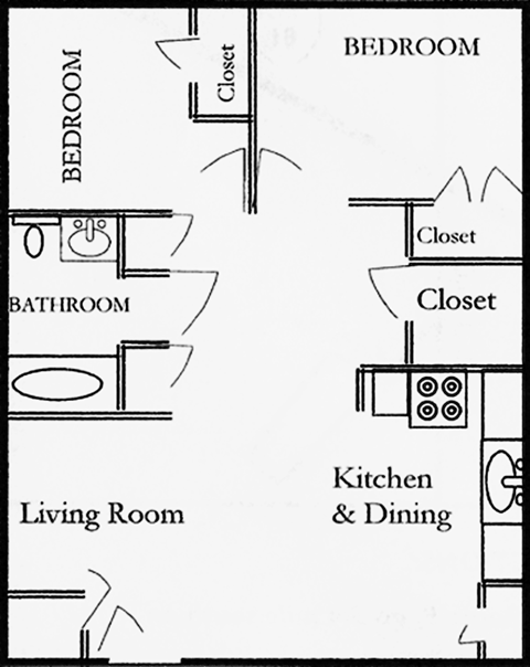 Floor plan for 2 beds, 1 bath, 775 sqft